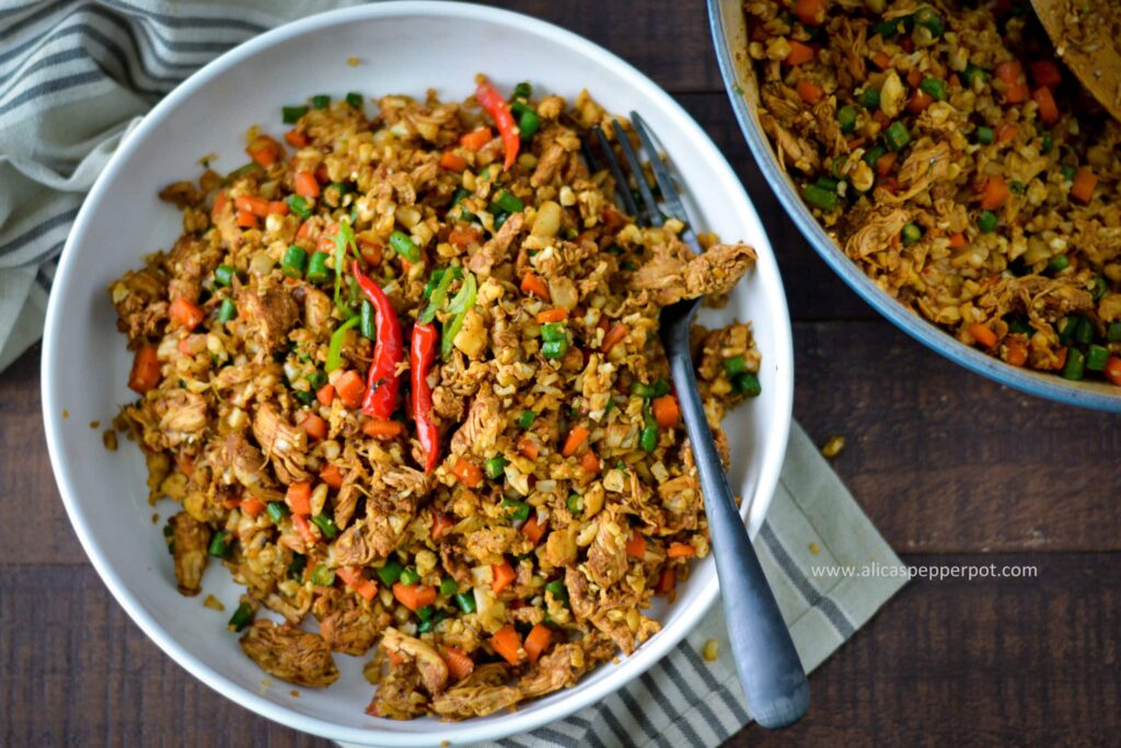 Cauliflower fried rice recipe. Easy recipe. Can be customized with different proteins. 