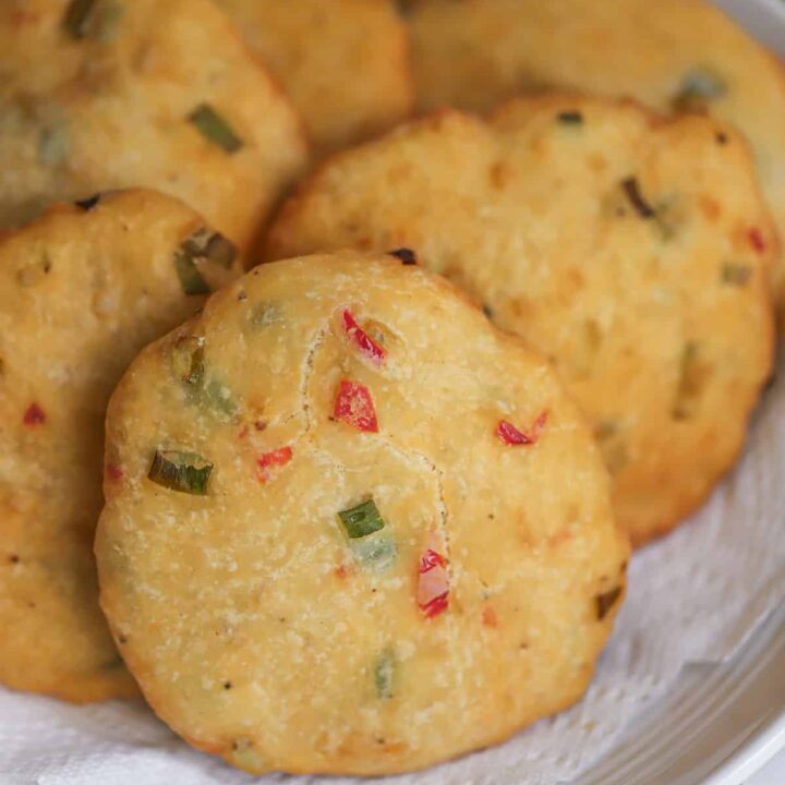 Scallion fry bake in a white platter.