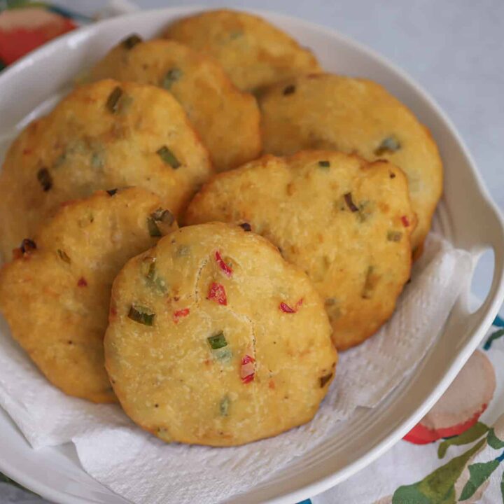 Guyanese Scallion and pepper fry bake in a white platter