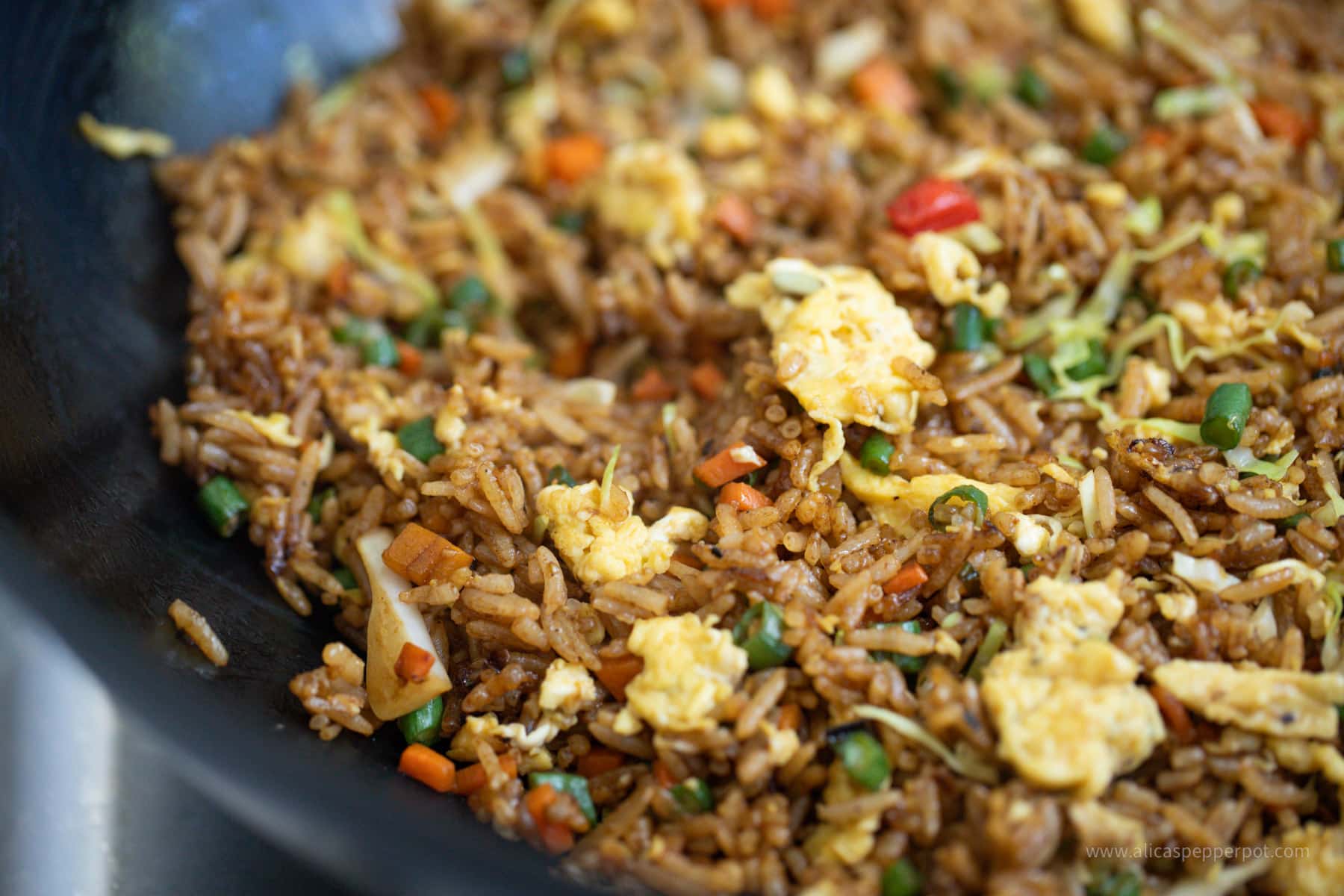 Small batch fried rice with egg close up shot.