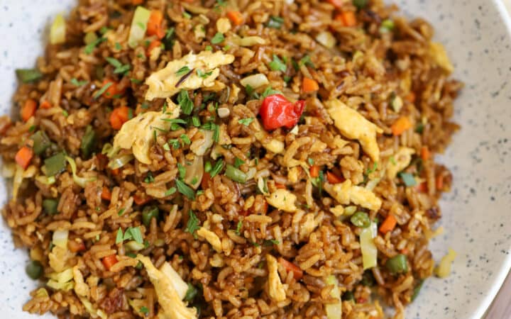 Image of small batch fried rice in speckled serving dish.