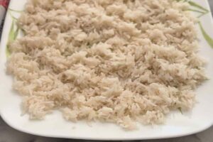 Image of cooked white jasmine rice in a plate spread out to cool off.