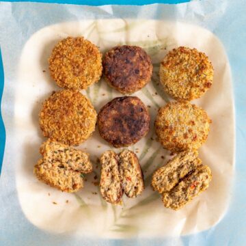 This is an image of salmon cakes cooked three ways, air fried, pan fried, and shallow fried.