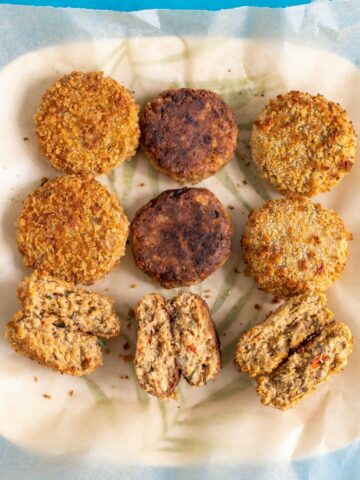 This is an image of salmon cakes cooked three ways, air fried, pan fried, and shallow fried.