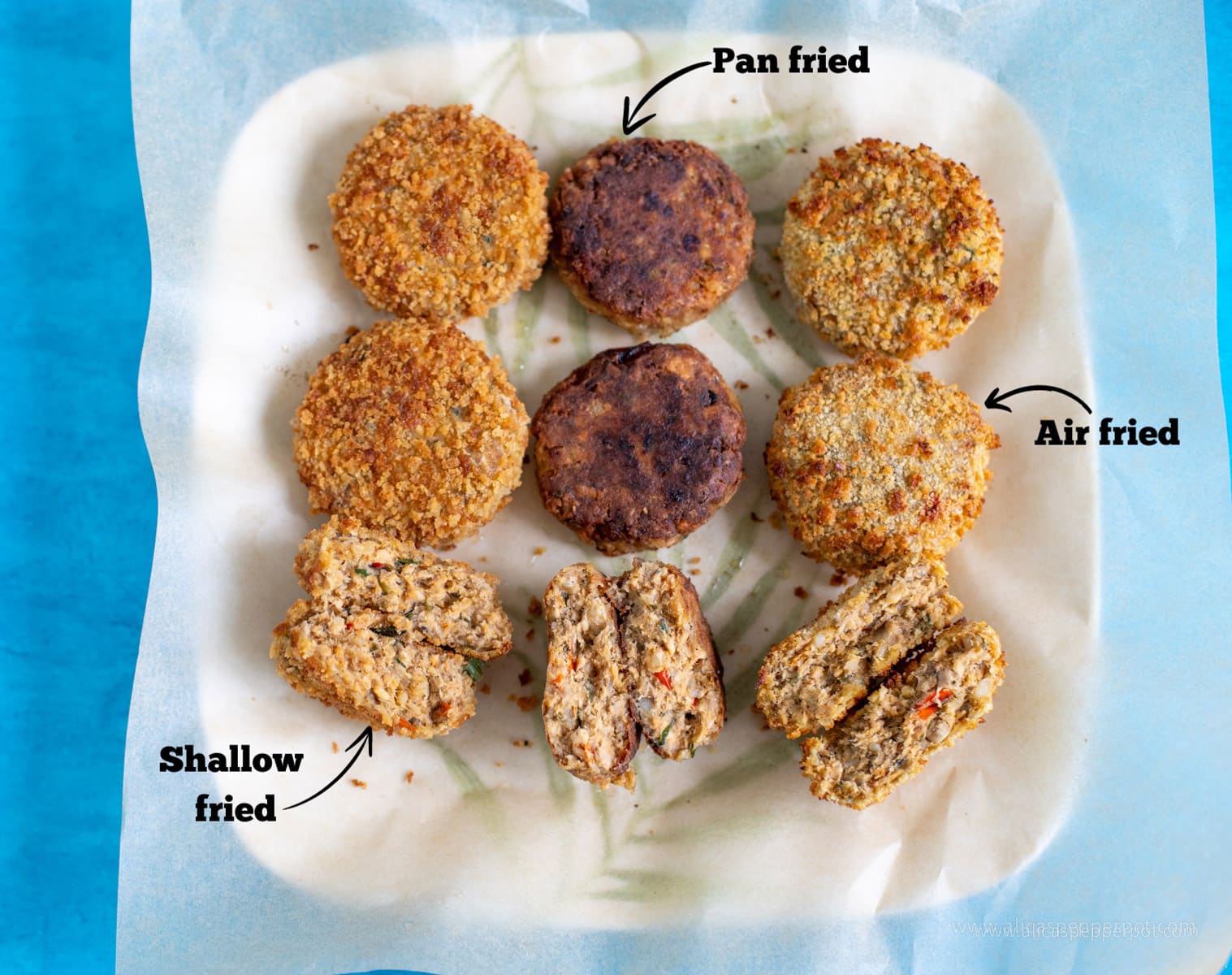 This image shows 3 different versions of salmon cakes with labels for shallow fried, air fried, and pan fried.